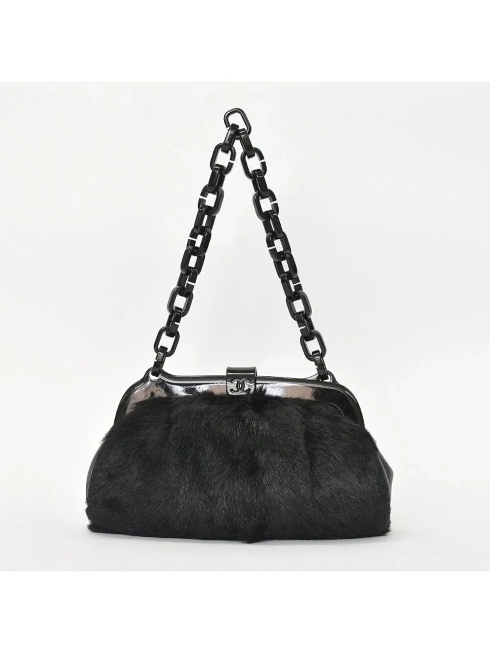 Chanel Plastic Chain Bag CC Logo Goat Fur Leather Black